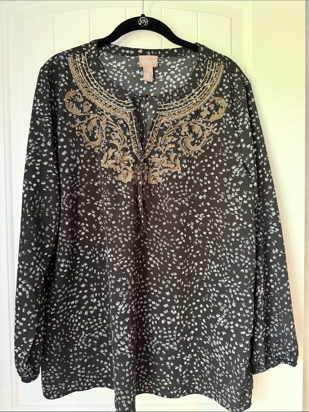 Chico's Black Tunic/Blouse/Top with Gold Beaded Embroidered Yoke Size 2